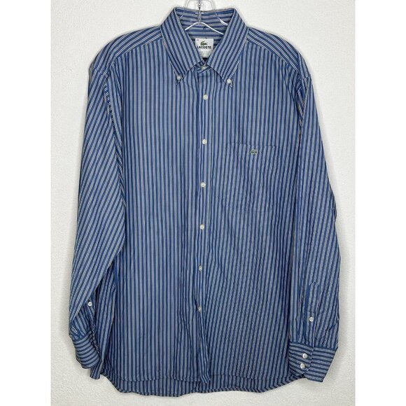 Lacoste Shirt Mens 44 Button Up Blue Green Pink Stripe Alligator Logo Preppy - Picture 2 of 12